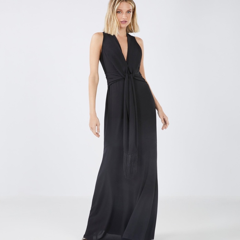 CHLOE TIE-FRONT FRINGE EVENING DRESS